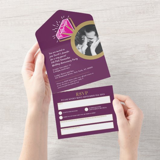 5周年結婚記念パーティー ピンクツアマリン オールインワン招待状 (貼ってはがせる)