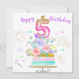 5歳の誕生日おめでとう!ピンクパープルゴールドの特別なカード カード