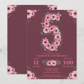 ５歳の誕生日おめでとう！大きなピンクの花と緑の葉っぱ 招待状 (正面/裏面)