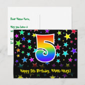 ５歳の誕生日おめでとう：楽しいスターパターン、虹５、名前 ポストカード (正面/裏面)
