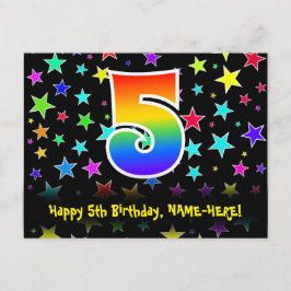 ５歳の誕生日おめでとう！楽しい星の模様、虹の５、名前入り ポストカード