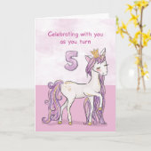 5歳の誕生日 ピンクの馬と王冠 カード (黄色い花)