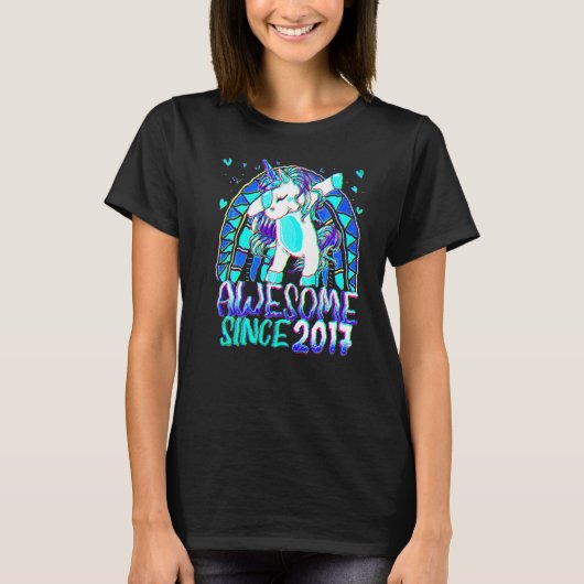 5歳の誕生日 レインボー ダビングユニコーン 女の子 Tシャツ (正面)