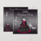 ５０歳の誕生日ディスコ・ディーバ・ケーキとヒール　ホットピンク 招待状 (正面/裏面)