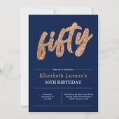 ５０歳の誕生日パーティー　モダンゴールド＆ブルー　| フィフティ 招待状 (正面)