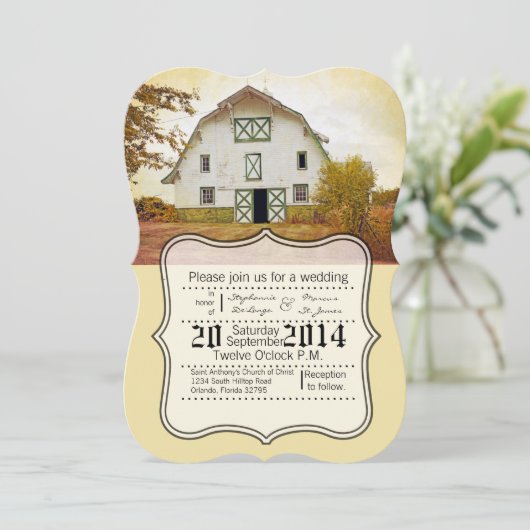 5x7 結婚式招待状 夕焼けの納屋 カントリー ラスティック 招待状 (スタンド正面)