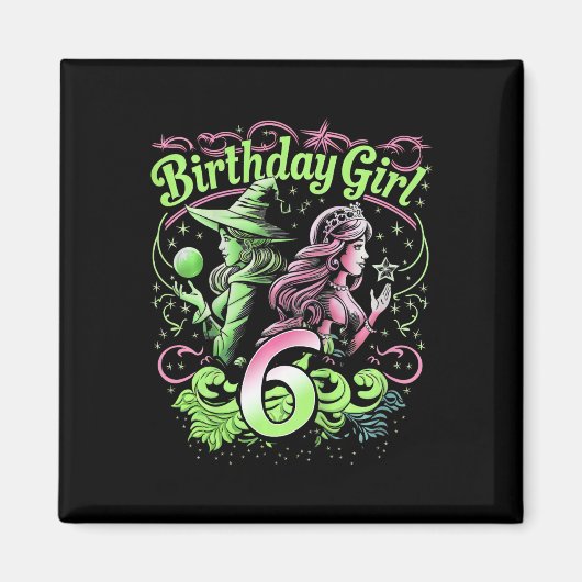 ６歳の誕生日を迎える子供のためのピンクとグリーンの魔女デザイン 6歳児 マグネット (正面)