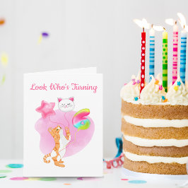６歳の誕生日バルーンと可愛い猫 カード