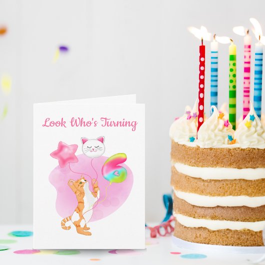 ６歳の誕生日バルーンと可愛い猫 カード