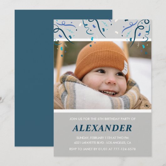 6歳の誕生日招待状 男の子 写真入り コンフェッティ ネイビー 招待状 (正面/裏面)