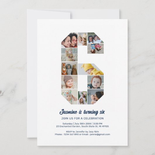 ６歳の誕生日　数字の６　オリジナル　写真　コラージュ 招待状 (正面)