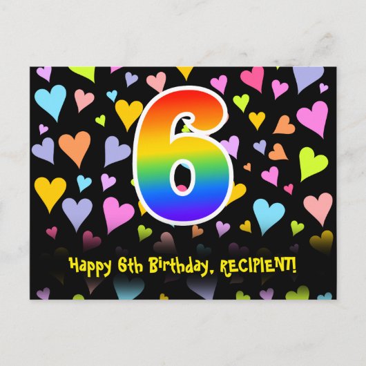 ６歳の誕生日：楽しいハート柄、虹色の６ ポストカード (正面)