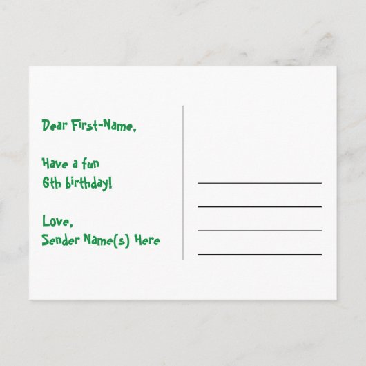 6歳の誕生日 –楽しい花火模様+虹6 ポストカード (裏面)