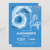 ６歳の誕生日 風船少年 青いネオン 招待状 (正面/裏面)