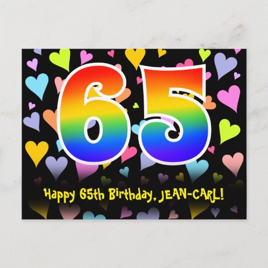 65歳の誕生日:楽しいハート柄、虹色65 ポストカード (正面)