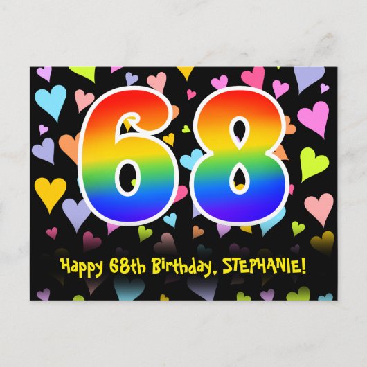６８歳の誕生日おめでとう：楽しいハート柄、虹６８ ポストカード (正面)