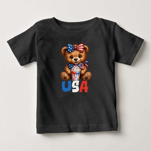 ７月４日 アメリカ 夏 テディベア キッズ ベビーTシャツ (正面)