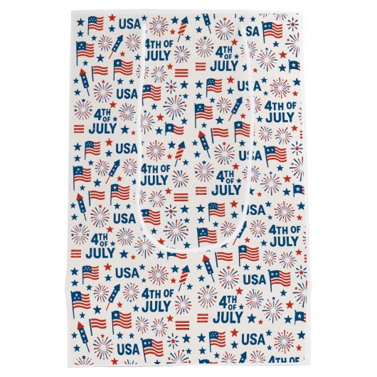 7月4日 | 米国国旗、花火、星 ミディアムペーパーバッグ (裏面)