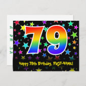 79歳の誕生日おめでとう:楽しいスター柄、虹79、名前 ポストカード (正面/裏面)