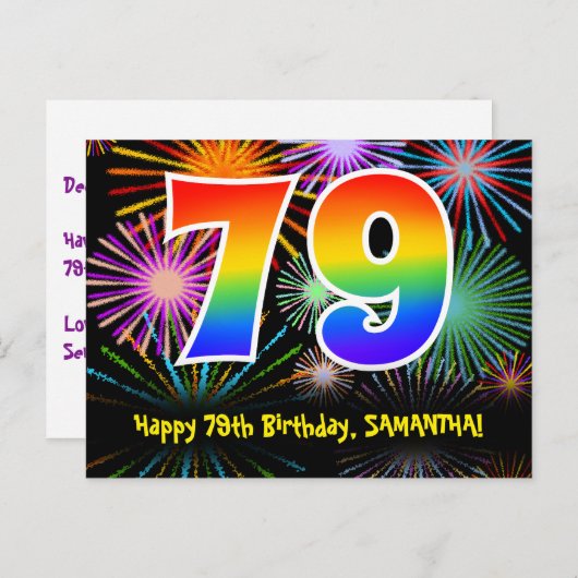 79歳の誕生日 – おもしろい花火模様+虹79 ポストカード (正面/裏面)