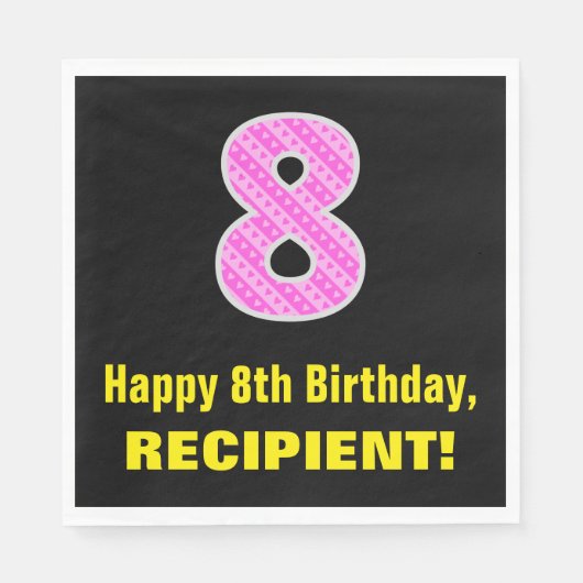 8歳の誕生日おめでとう:ピンクのストライプとハートの「8」+名前 スタンダードランチョンナプキン (正面)
