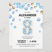 ８歳の誕生日パーティー、水色と黄色の風船の少年 招待状 (正面/裏面)