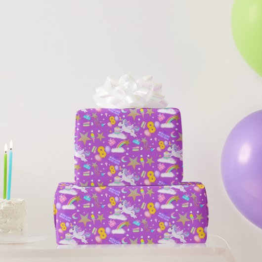 ８歳の誕生日ユニコーンパターン白 ラッピングペーパー (パーティーギフト)
