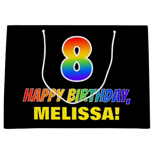 ８歳の誕生日：大胆、楽しい、シンプル、虹色の８ ラージペーパーバッグ (正面)