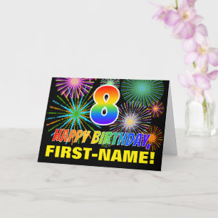 8歳の誕生日:大胆、楽しい、花火、虹8 カード