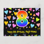 ８歳の誕生日：楽しいハート柄、虹色の８ ポストカード (正面)