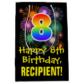 8歳の誕生日:楽しい花火模様+虹色の8 ミディアムペーパーバッグ (正面)