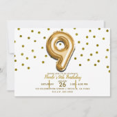 9ゴールドバルーンの紙吹雪 9歳の誕生日パーティー 招待状 (正面)