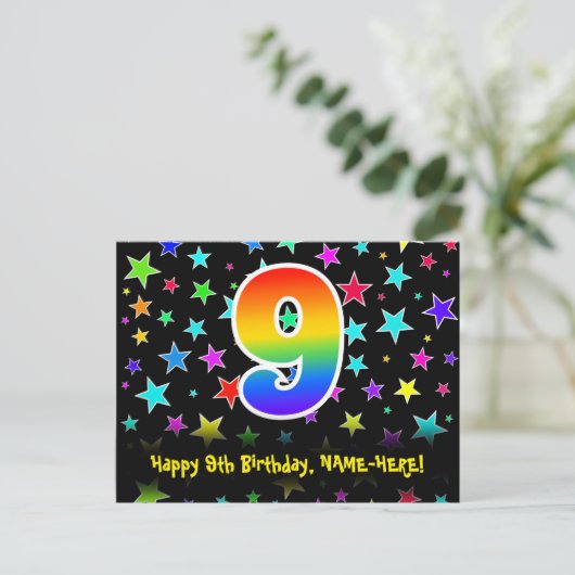 ９歳の誕生日おめでとう！楽しい星の模様、虹９、名前 ポストカード (スタンド正面)