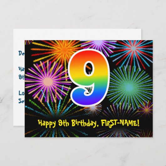 ９歳の誕生日おめでとう！楽しい花火模様＋虹９ ポストカード (正面/裏面)