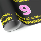 9歳の誕生日:ピンクのストライプとハートの「9」+ 名前 ラッピングペーパー (ロールコーナー)