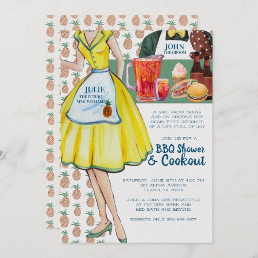 ＢＢＱ カップル ウェディング シャワー | ヴィンテージ カップル 招待状 (正面/裏面)