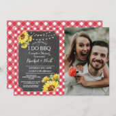ＢＢＱ カップル シャワー ひまわり 赤い 写真 招待状 (正面/裏面)