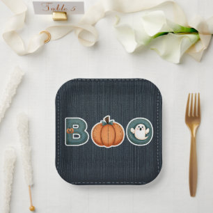 BOO デニム ラスティック カントリー パンプキン ゴースト ハロウィン ペーパープレート