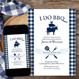 I Do BBQ ヴィンテージ ネイビーブルー ギンガム 結婚 招待状