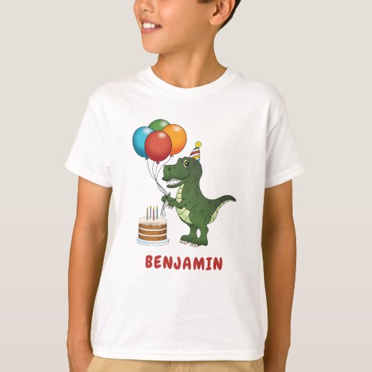 T-REX恐竜カラフルバルーン誕生日名前 Tシャツ (正面)