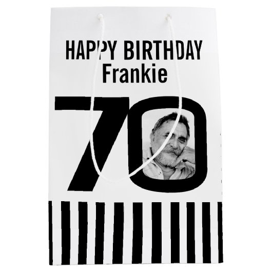 0の白黒の誕生日のギフトバッグの70写真 ミディアムペーパーバッグ (正面)