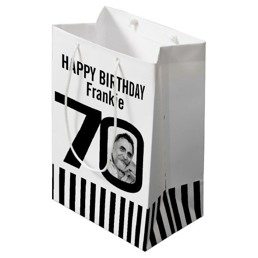 0の白黒の誕生日のギフトバッグの70写真 ミディアムペーパーバッグ (正面アングル)