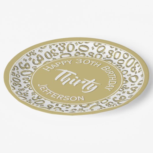 0番目の誕生日ファンキー番号パターン金ゴールド/白 ペーパープレート (アングル)