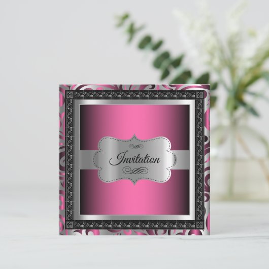 00サプライズ誕生日 | ピンクメタリック&シルバー 招待状 (スタンド正面)