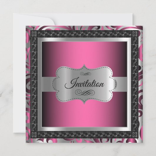 00サプライズ誕生日 | ピンクメタリック&シルバー 招待状 (正面)