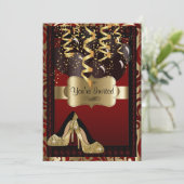 00歳の誕生日パーティー | ゴールドのハイヒール レオパード 招待状 (スタンド正面)