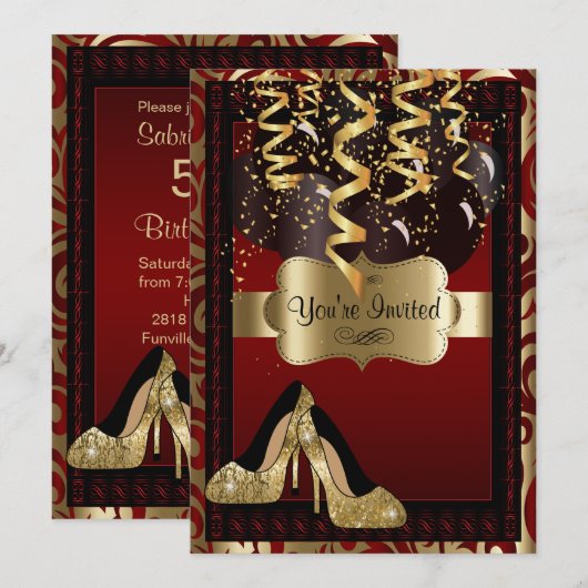 00歳の誕生日パーティー | ゴールドのハイヒール レオパード 招待状 (正面/裏面)
