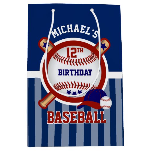 00歳の誕生日パーティー-野球-濃い青 ミディアムペーパーバッグ (正面)