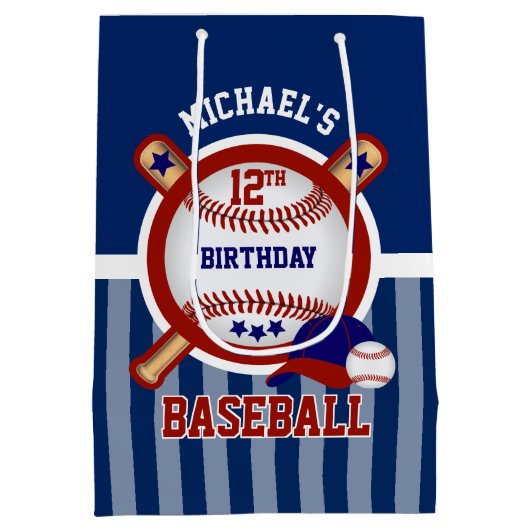 00歳の誕生日パーティー-野球-濃い青 ミディアムペーパーバッグ (裏面)