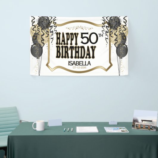 00番目の誕生日の名前と年齢 – 黒い風船 横断幕 (トレードショー)